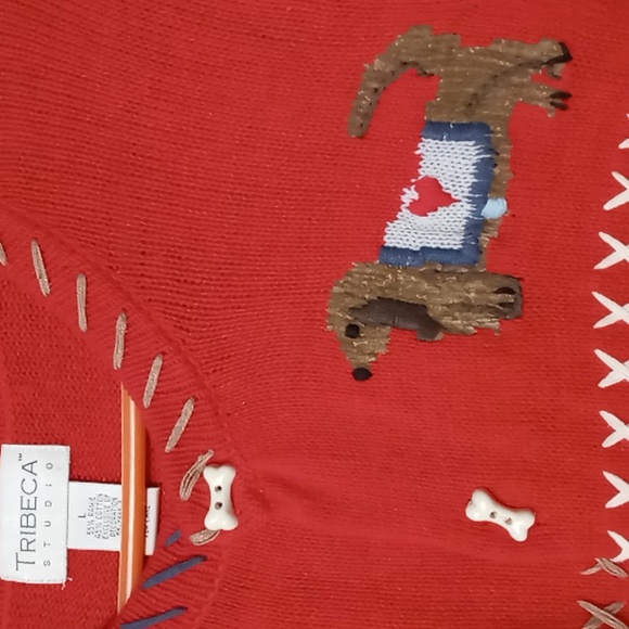 Tribeca Red Full Bone Button Sweater w Dogs Size L *Flaw - Picture 3 of 6